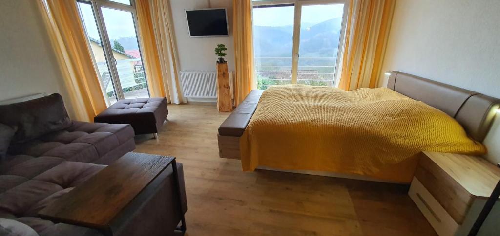 ein Schlafzimmer mit einem Bett, einem Sofa und einem TV in der Unterkunft Die grüne Oase am RheinSteig 2 ZKBuWC in Neuwied