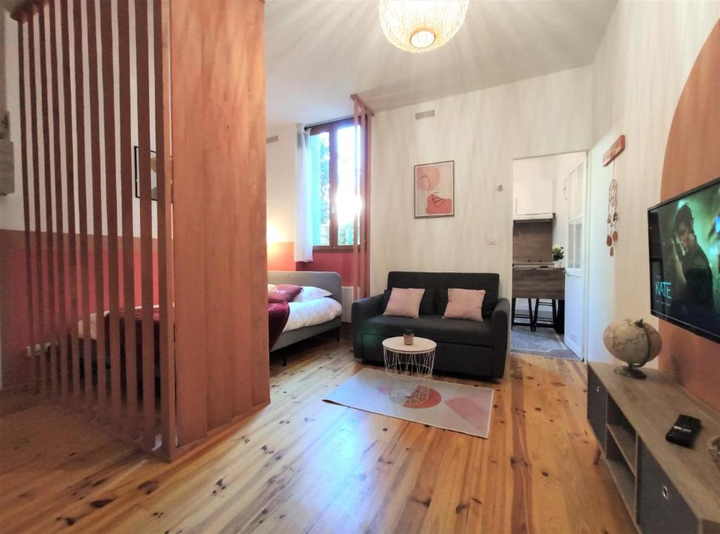 un salon avec un canapé, un lit et une télévision dans l'établissement LE CLOS DE BORIOS - ENTRE GARE ET HYPERCENTRE - TERRASSE, à Toulouse