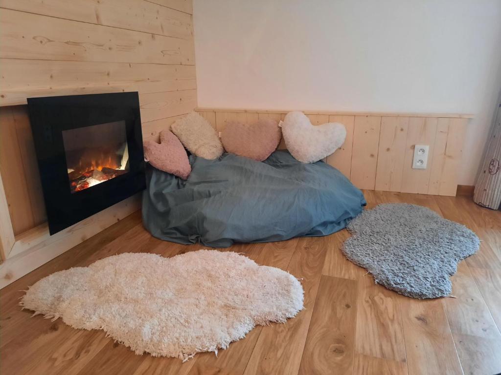 ein Wohnzimmer mit einem Sofa und einem Kamin in der Unterkunft Superbe appartement aux Orres 1800, six couchages in Les Orres