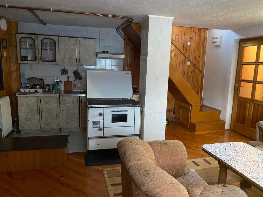 een keuken met een fornuis en een bank in een kamer bij Ski kuća Boki in Jahorina