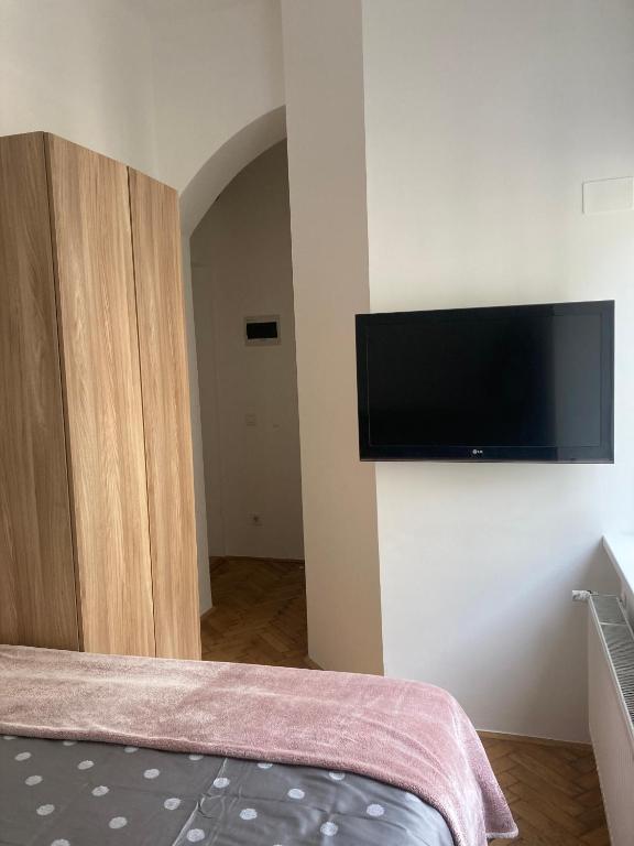 a bedroom with a flat screen tv on a wall at Tiny Twix room in the City centre in Ljubljana