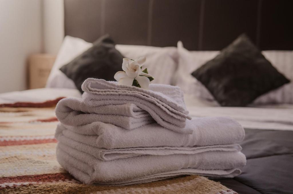 una pila de toallas sentadas encima de una cama en VIÑAS ALTAS en Maipú