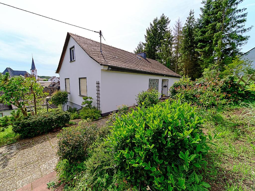 a small white house in a yard with bushes at Eifel Ferienhaus Mirjam in Manderscheid