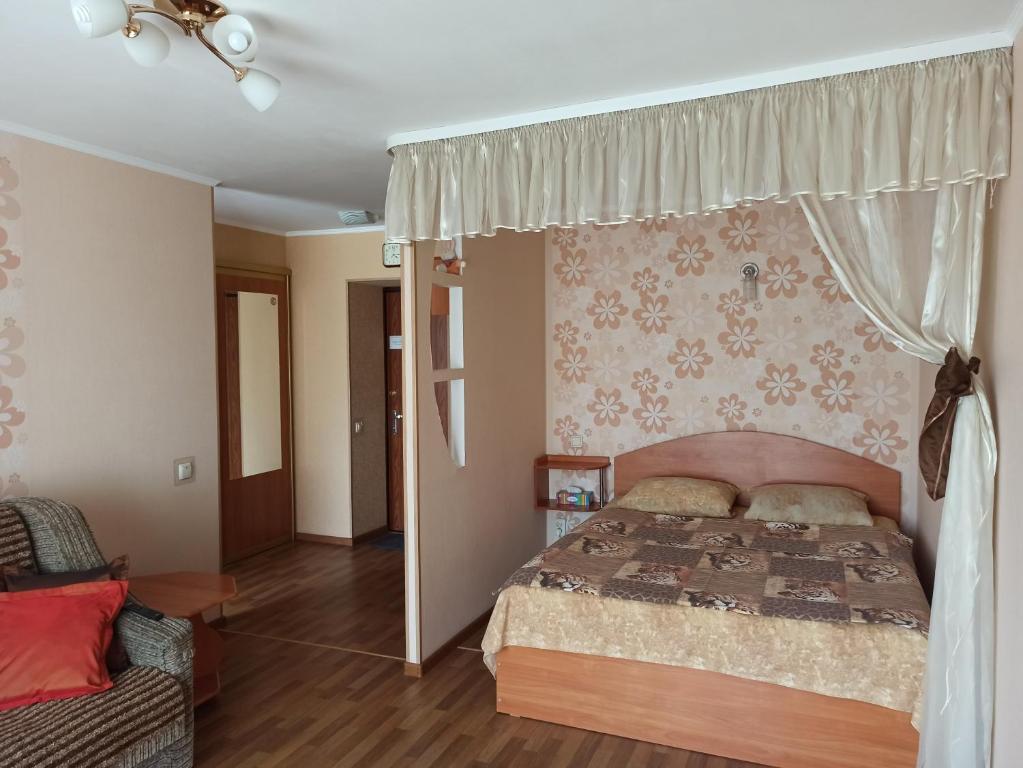 スームィにあるCozy apartments in the city center Kharkovskaya streetのベッドルーム(天蓋付きベッド1台付)