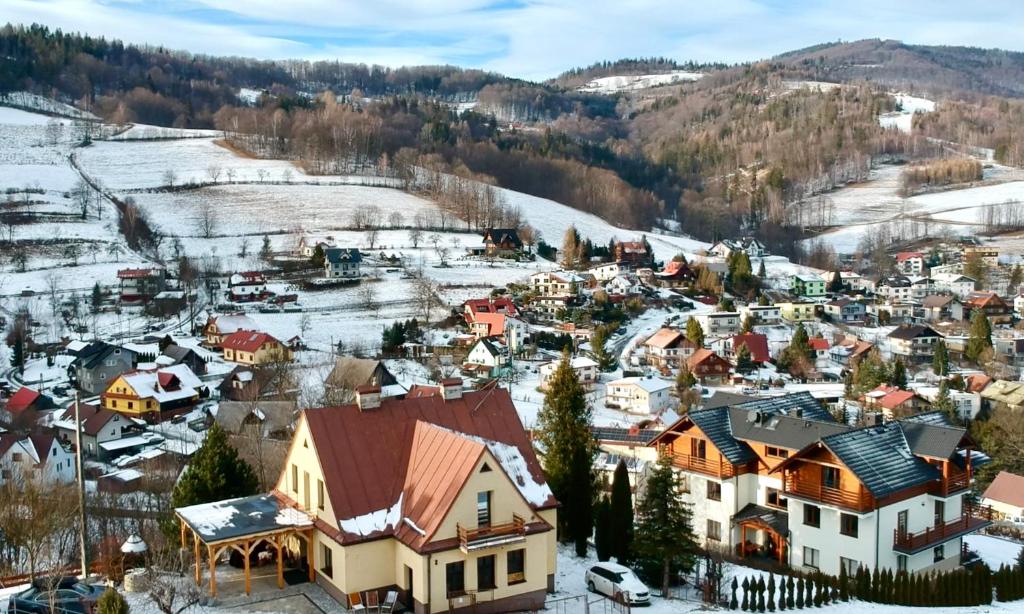 widok z góry na małe miasteczko pokryte śniegiem w obiekcie PUSTELNIA WODZA w Wiśle