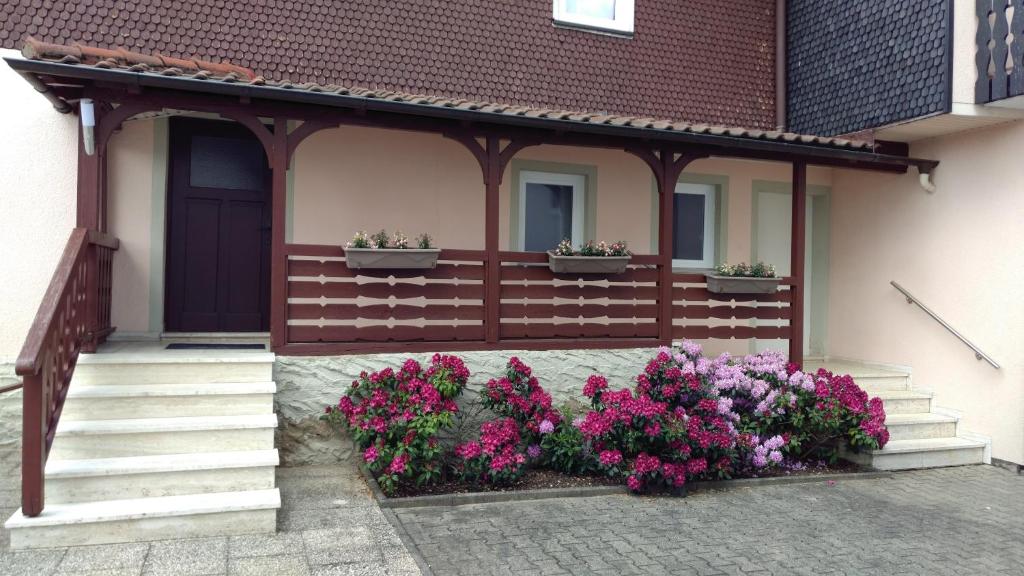 une terrasse couverte d'une maison ornée de fleurs dans l'établissement Ferienhaus Pauline, à Sandberg
