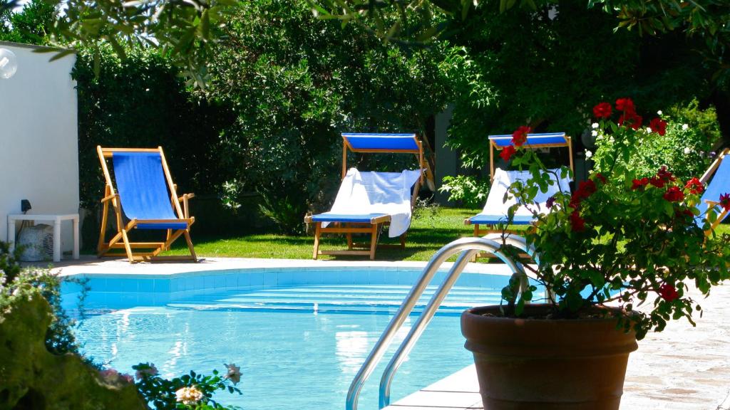 drie stoelen naast een zwembad bij B&B La Casa di Giò in Casal Palocco
