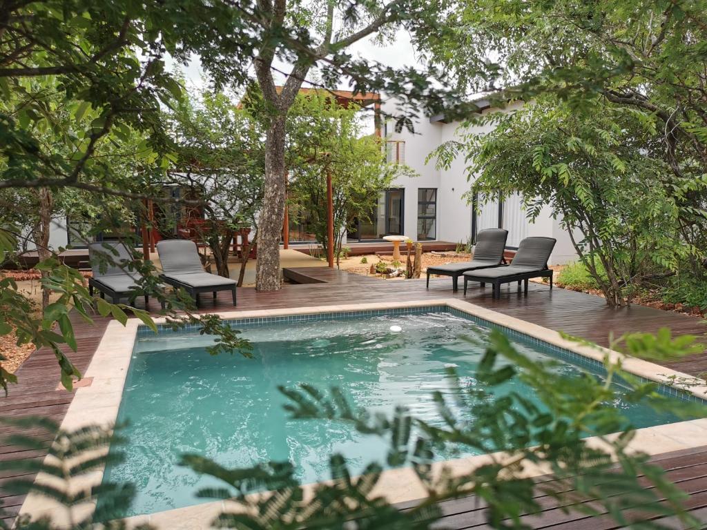 a swimming pool in a yard with chairs and trees at Gem In The Bush Lodge in Hoedspruit