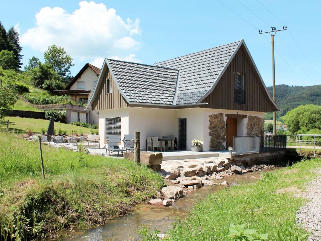a house with a metal roof next to a stream at Holiday Home am Bächle by Interhome in Hofstetten