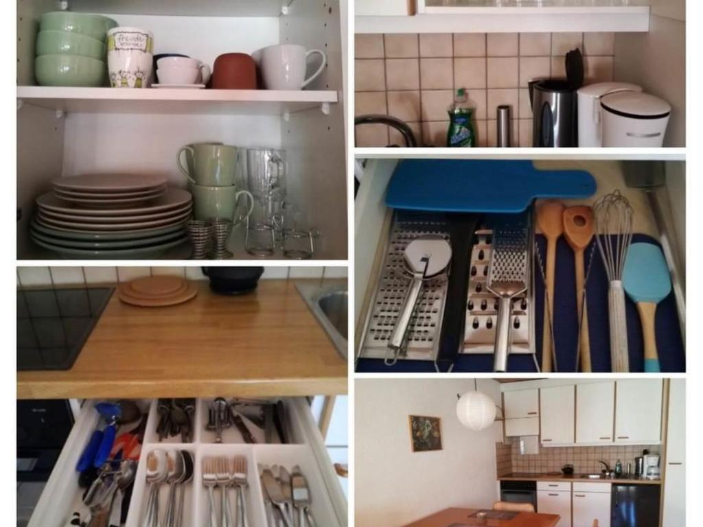 un collage de photos d'une cuisine avec de la vaisselle et des ustensiles dans l'établissement Apartment Bühlmann, à Spiez