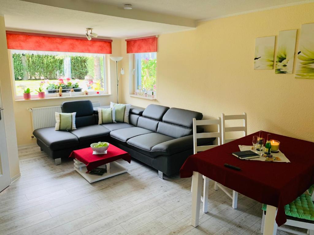 a living room with a couch and a table at Ferienhaus im Harz Niehoff in Öhrenfeld