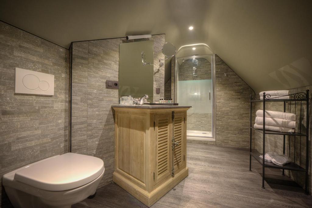 een badkamer met een toilet, een wastafel en een spiegel bij 't Hartje van Brugge in Brugge