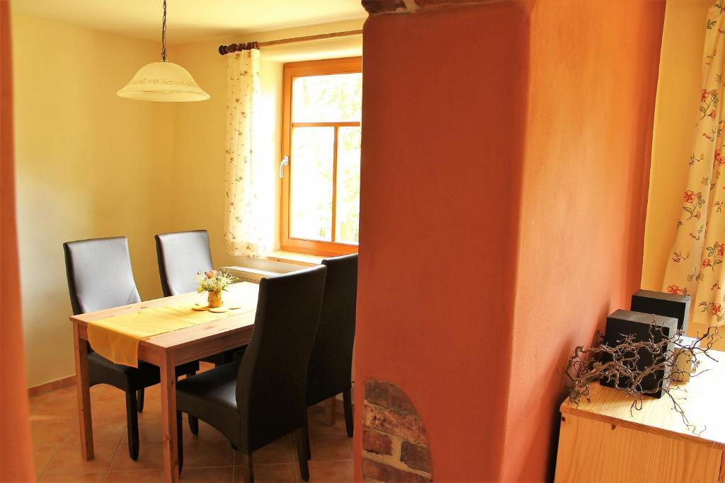 jadalnia ze stołem i krzesłami oraz oknem w obiekcie Pension 'Am Vogelherd' w mieście Schleiz
