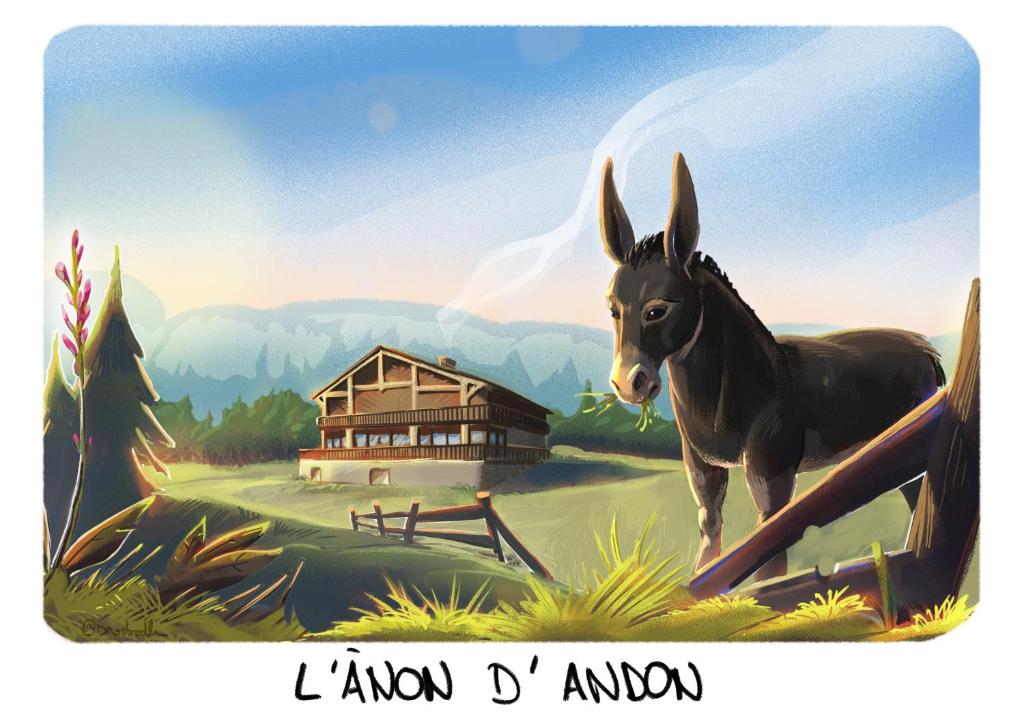 a painting of a horse in front of a house at L'ânon d'Andon in Andon