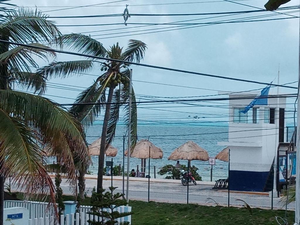 Blick auf einen Strand mit Sonnenschirmen und das Meer in der Unterkunft Caribbean Paradise in Cancún