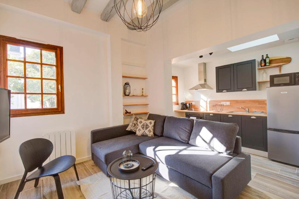 un salon avec un canapé et une cuisine dans l'établissement Le Cheverny Between the banks of the Loire and Old Tours, à Tours