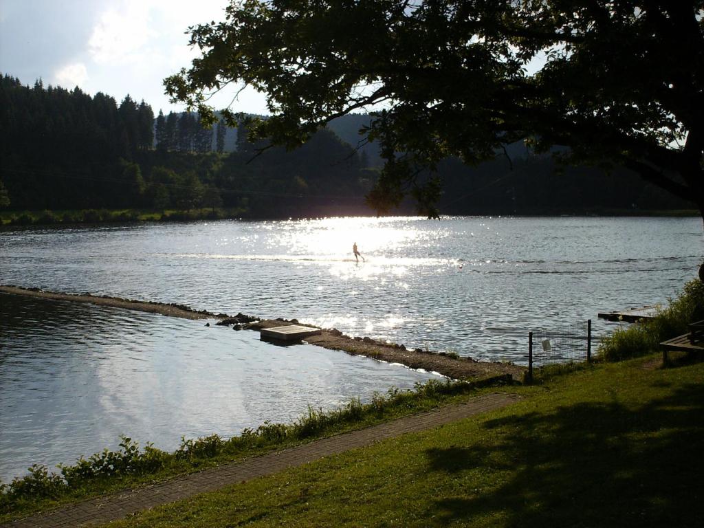 una persona en una tabla de surf de remo en un lago en Pension Altenbeck & Ferienwohnung, en Winterberg