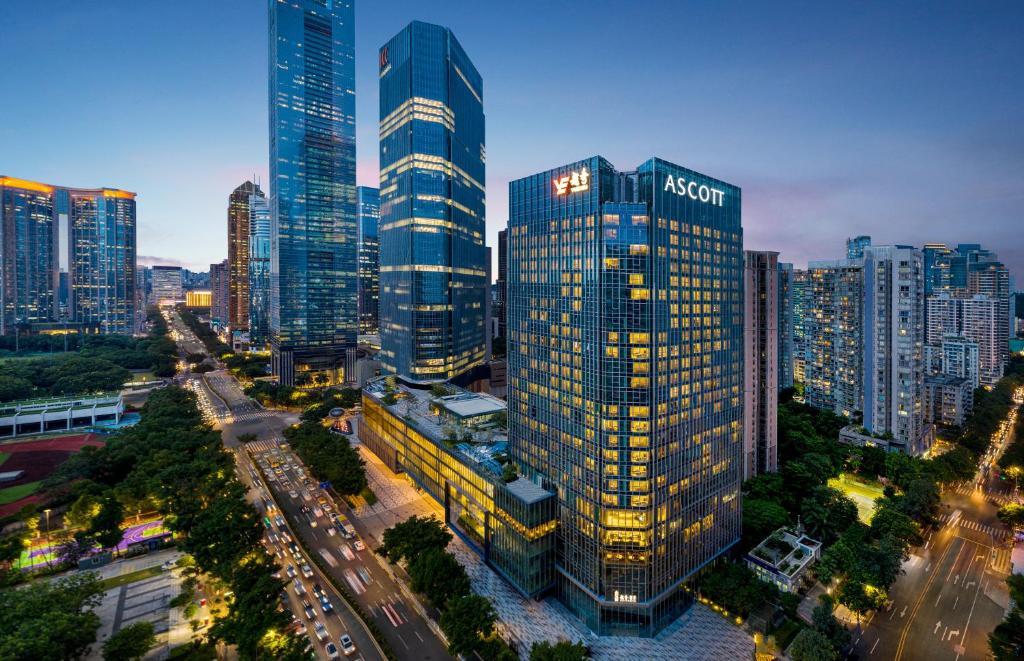 an aerial view of a city with tall buildings at Ascott ICC Guangzhou-Free shuttle bus for canton fair in Guangzhou