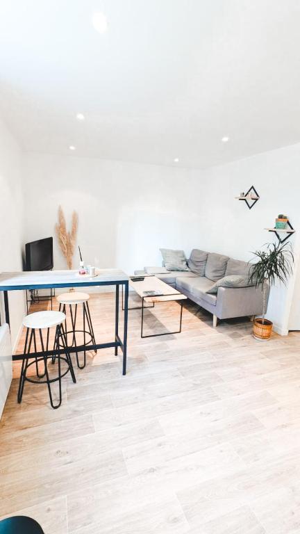 ein Wohnzimmer mit einem Sofa und einem Tisch in der Unterkunft L'Elégant - Idéal Couple - Parking Gratuit in Pau