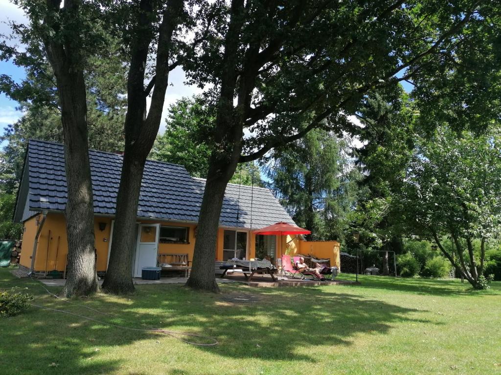 una casa amarilla con árboles delante de ella en Bleichehof, en Burg
