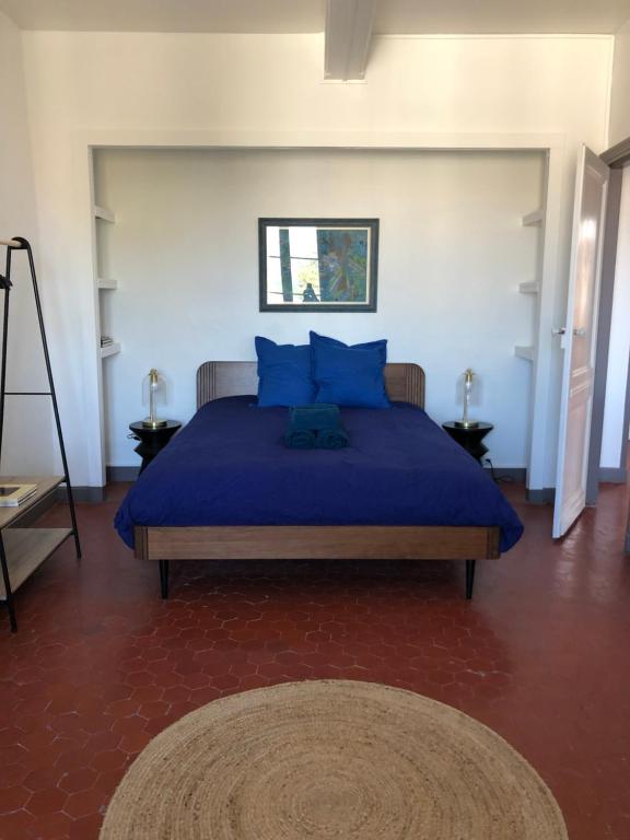 a bedroom with a bed with blue pillows at L&#39;appart du galeriste 85m2 amazing view and space in Béziers