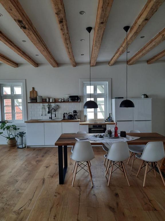 kuchnia ze stołem i krzesłami w pokoju w obiekcie BEAS WOHNEN w mieście Sinsheim