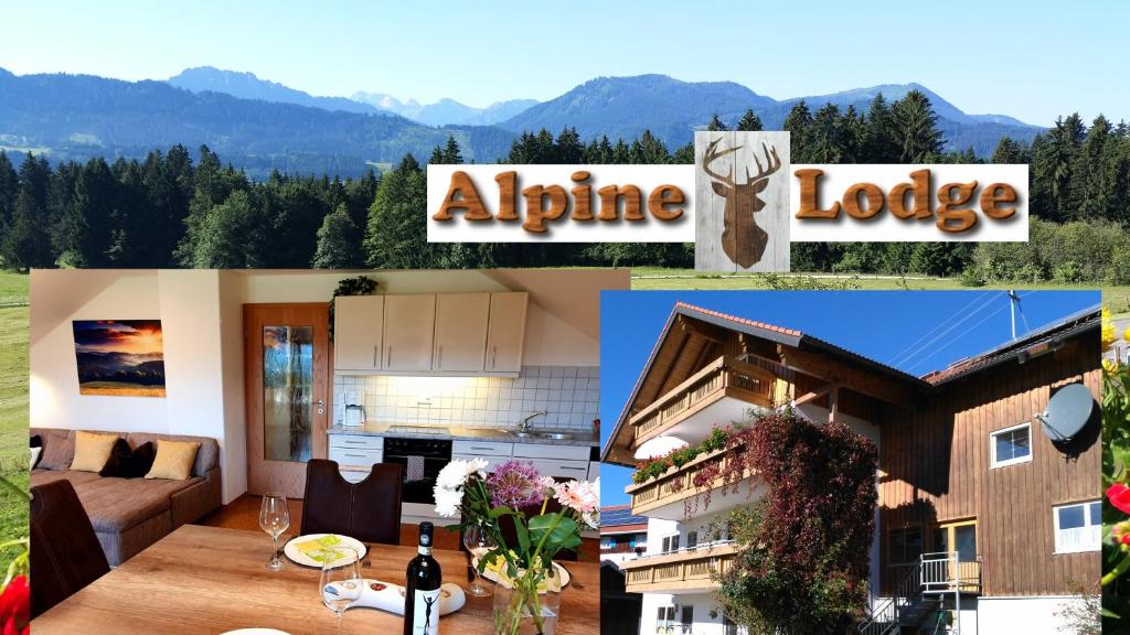 a collage of photos of a living room and an alpine lodge at Alpine Lodge Wertach in Wertach