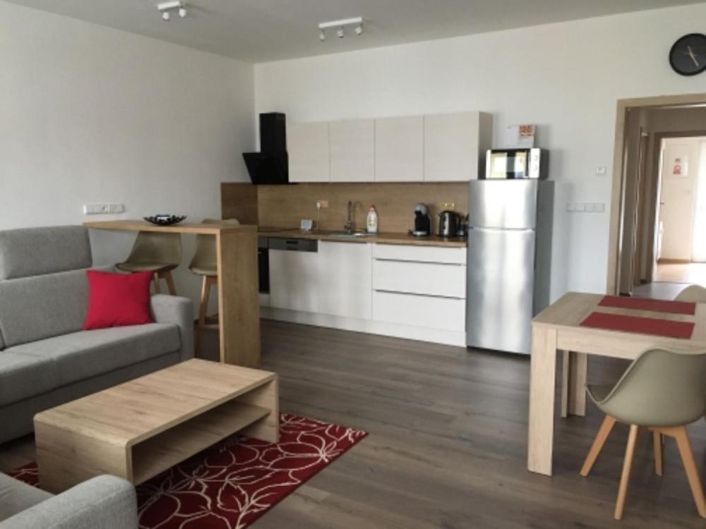 ein Wohnzimmer mit einem Sofa und einer Küche in der Unterkunft Papeto in Frymburk