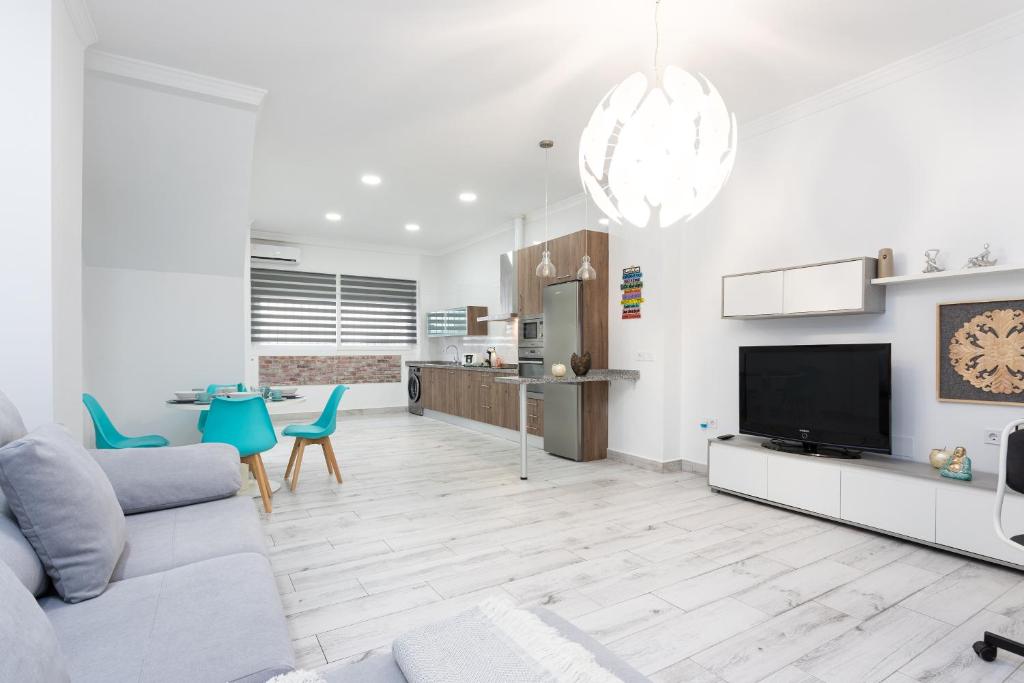 ein Wohnzimmer mit einem Sofa und einem TV in der Unterkunft Apartamento Carmen in Málaga