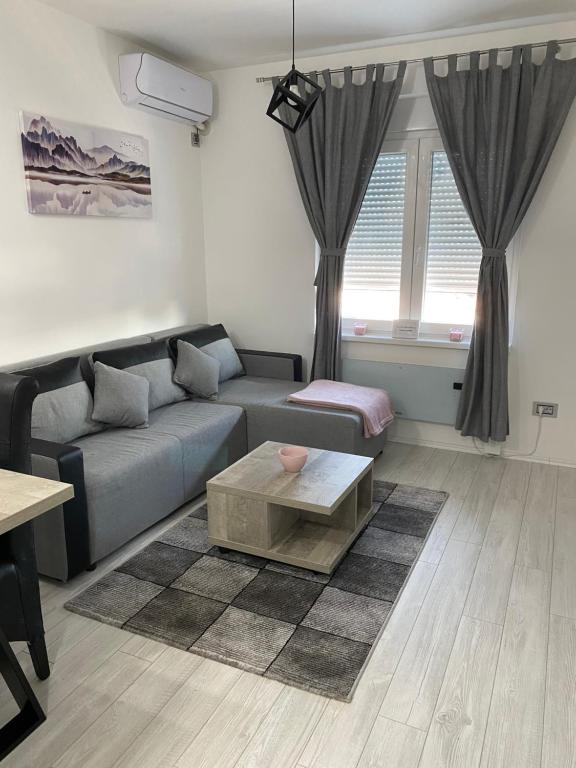 een woonkamer met een bank en een salontafel bij Apartman Petra in Jagodina