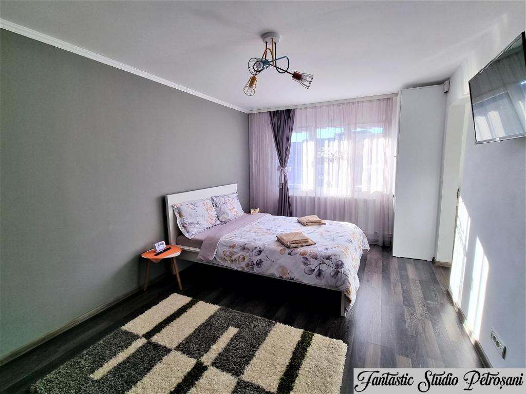 a small bedroom with a bed and a window at ~Fantastic Studio Petroșani~ in Petroşani
