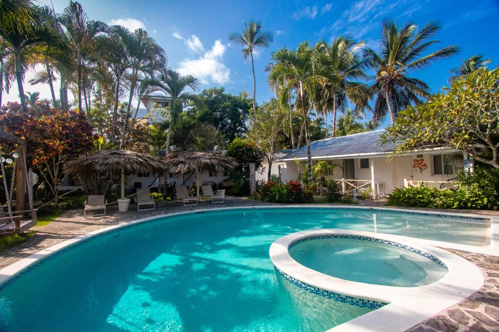 a swimming pool in front of a house with palm trees at Beach Hotel Casa Nina in Las Terrenas