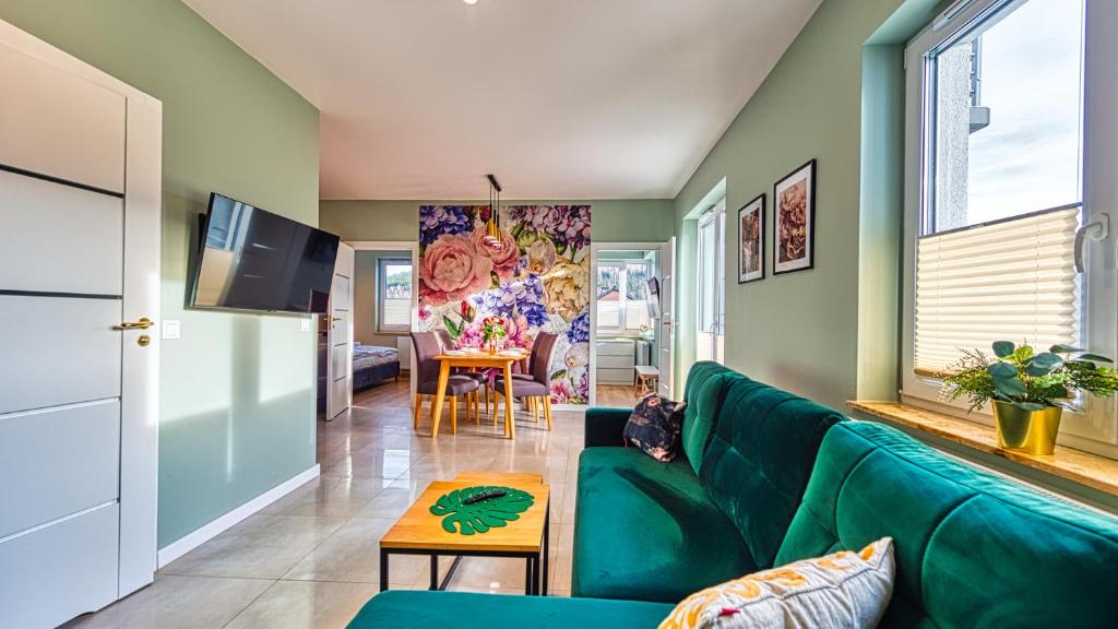 希维拉杜夫-兹德鲁伊Apartament Kwiatowy - 5D Apartamenty的客厅里有一张绿色的沙发和一台电视