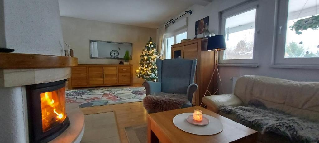 a living room with a fireplace and a christmas tree at Lawendowe Wzgórze 21 in Węgierska Górka