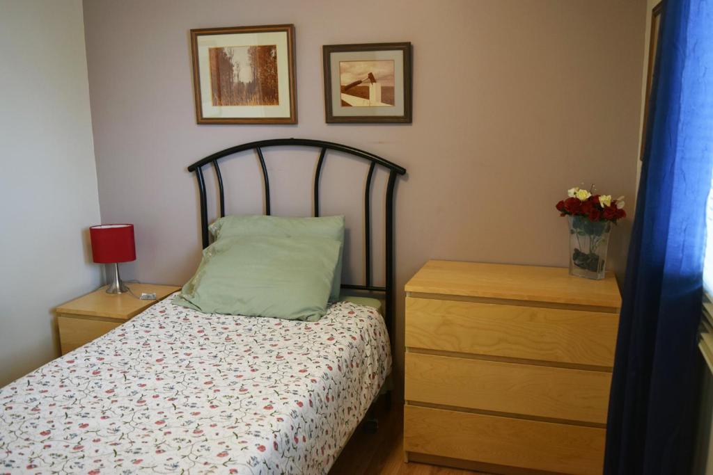 a small bedroom with a bed and a dresser at The Dewberry Homestay B&B in Edmonton