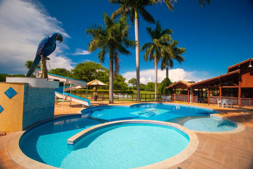 a large swimming pool with a statue of a blue bird at Hotel Pousada Arauna in Bonito
