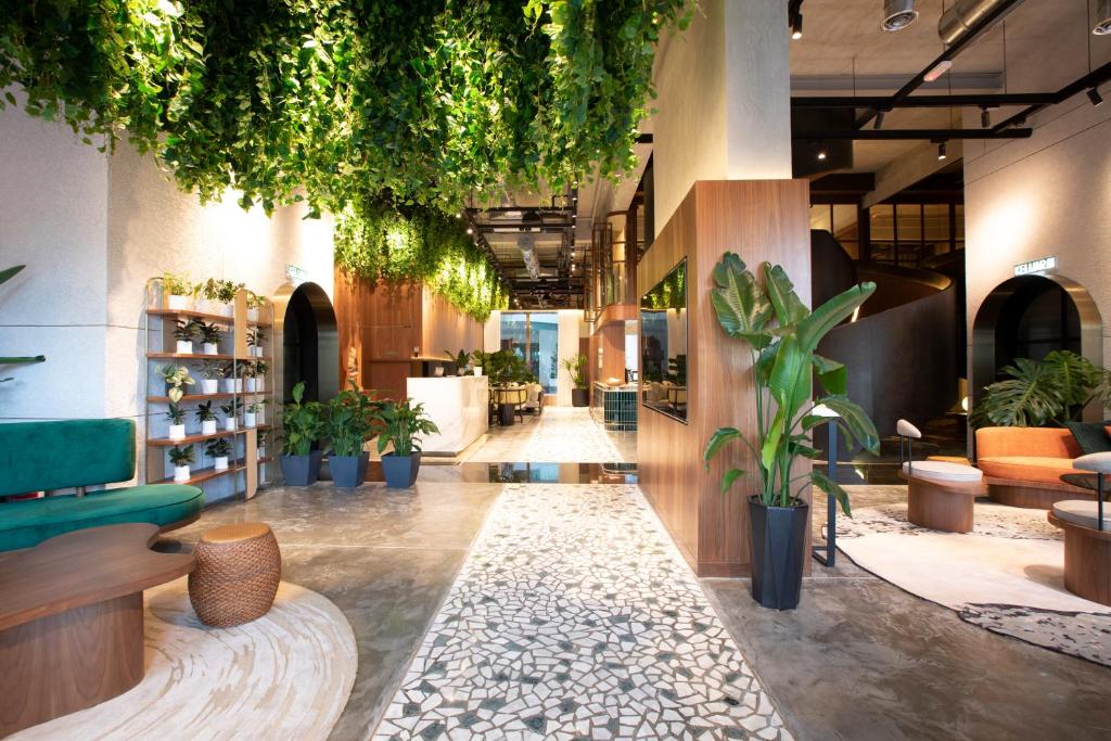 The LUMA Hotel, a Member of Design Hotels في كوتا كينابالو: لوبى مع نباتات الفخار في متجر