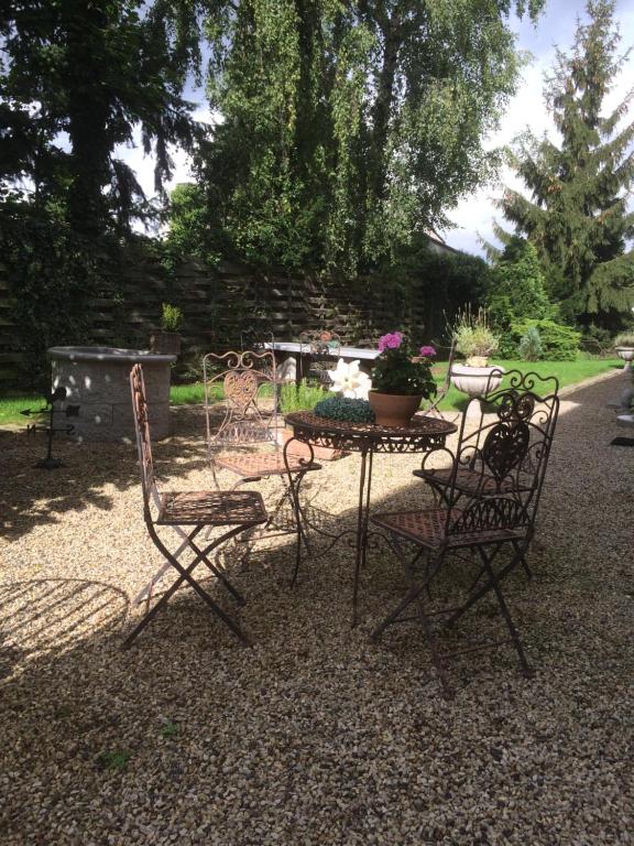 een groep stoelen en een tafel in een tuin bij Domizil Hotel Düren "Kastanienhof" in Düren - Eifel
