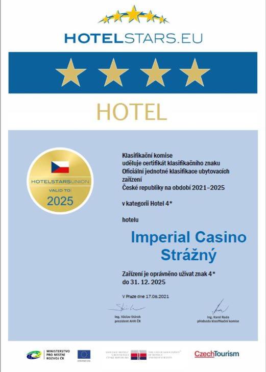 Certifikát, hodnocení, plakát nebo jiný dokument vystavený v ubytování Imperial Casino Strazny Hotel