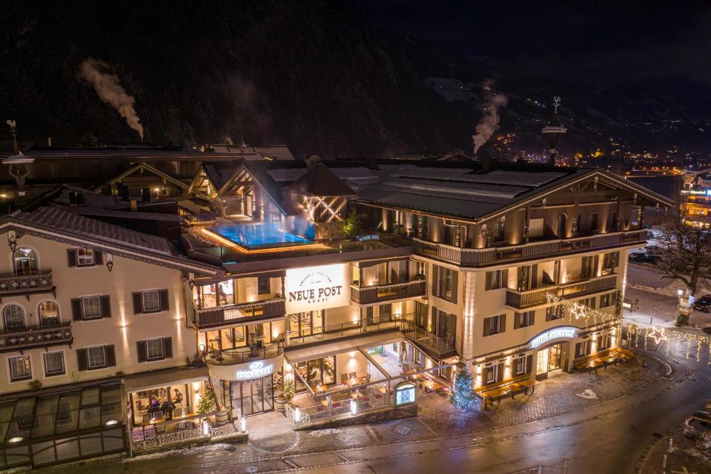 an aerial view of a hotel at night at Hotel Neue Post in Mayrhofen