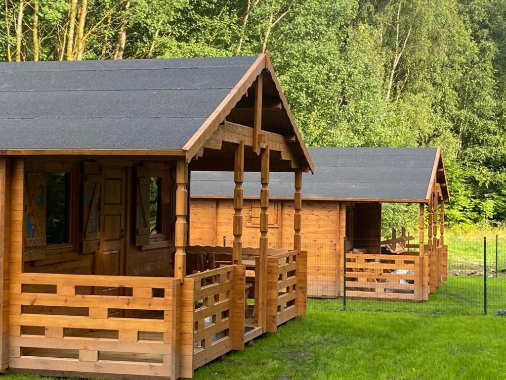 a large wooden cabin with a black roof at Dubryk Domki na Kaszubach in Stara Kiszewa