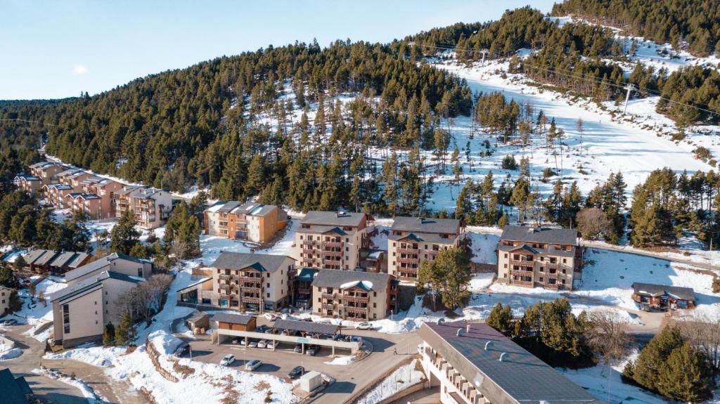 レ・ザングルにあるVacancéole - Les Chalets de l'Isardの雪の中のリゾートの空中ビュー