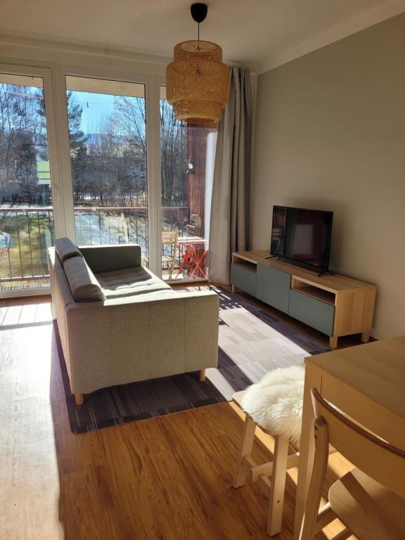 a living room with a couch and a television at Apartmán Spa Šumava in Zdíkov