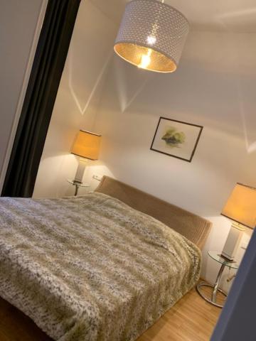 巴特弗斯勞的住宿－Villa Pazelt Top3，卧室配有一张床,墙上配有两盏灯。