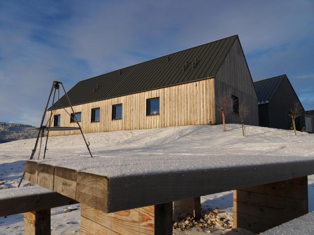 un bâtiment en bois avec un toit noir dans la neige dans l'établissement Wzgórze Owiec Sheep Hill, à Mostowice