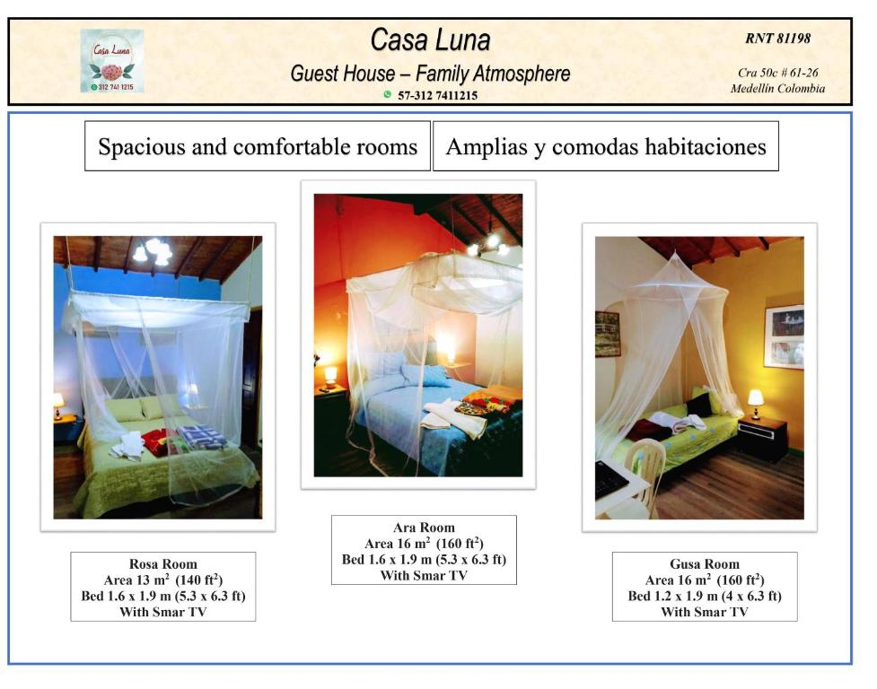 un collage di quattro foto di una stanza di Casa LuNa -Estratégica Ubicación- a Medellín
