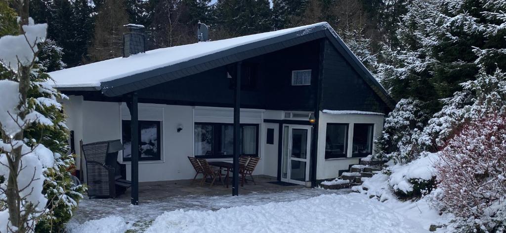 dom z dachem pokrytym śniegiem w obiekcie Schönwald Waldchalet am Musenberg w mieście Stryck