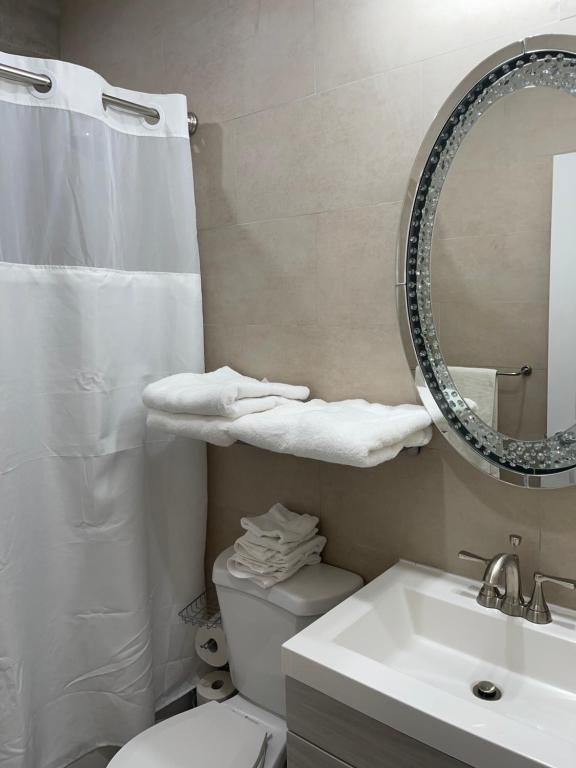 a bathroom with a toilet and a sink and a mirror at Luxury apartments NY 4 Bedrooms 3 Bathroom Free Parking in Williams Bridge