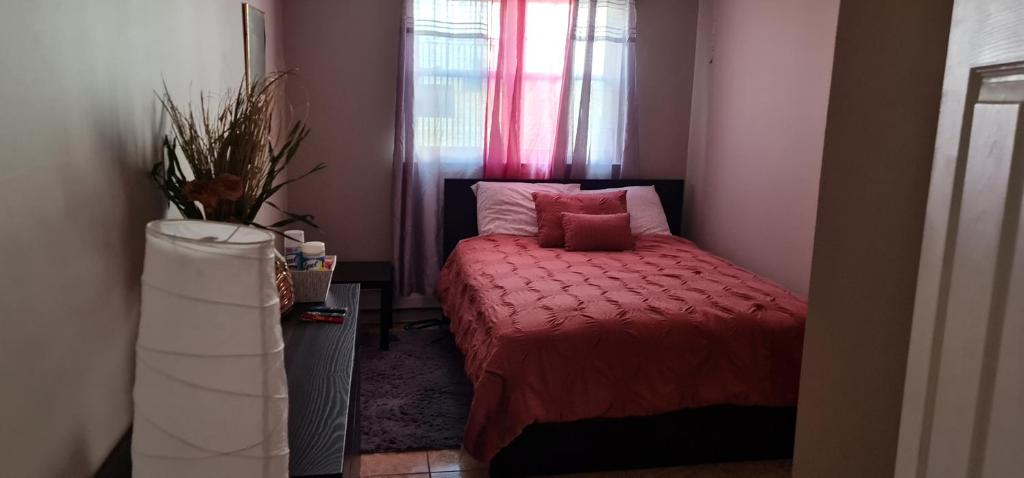 a bedroom with a bed with a red comforter and a window at Guesthouse, cozy private room in Bronx