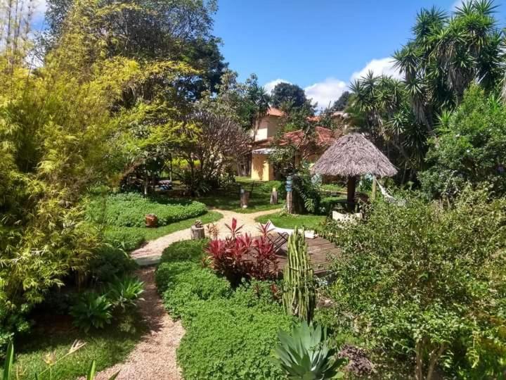 un jardin avec une maison en arrière-plan dans l'établissement Pousada Paralelo 14, à Alto Paraíso de Goiás